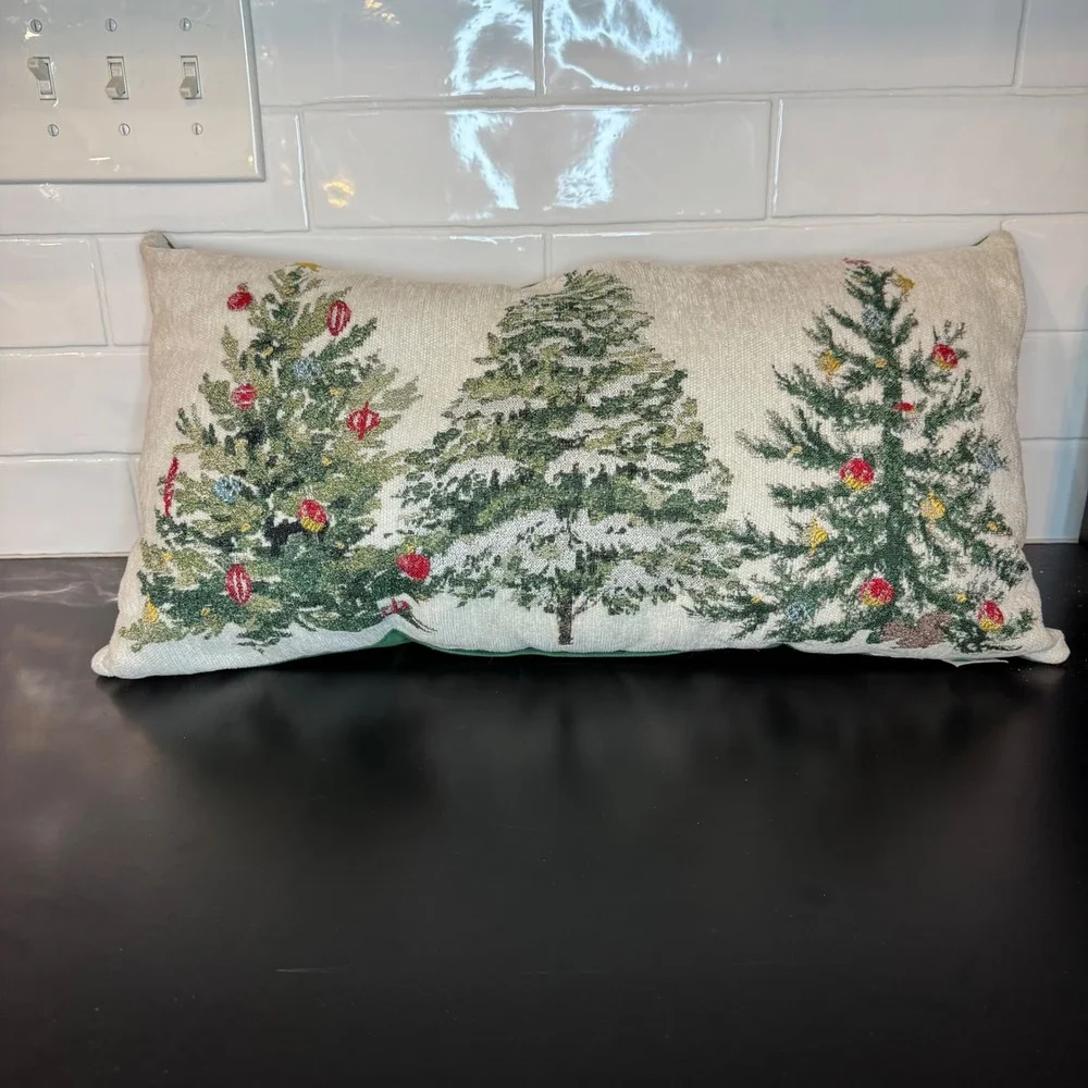 OEKO-TEX Christmas Tree Lumbar Pillow 20x12 Green Red Woven Tapestry Velvet Back